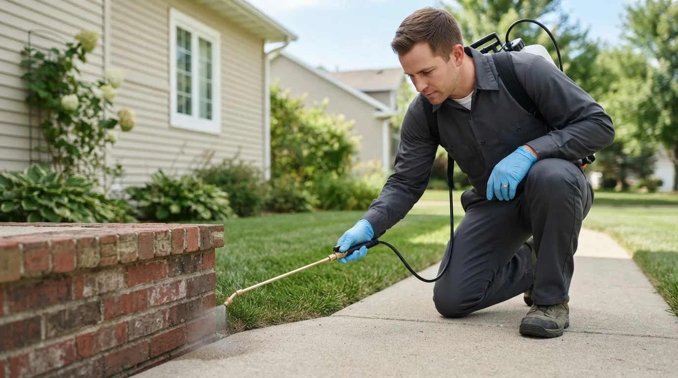 Pest control technician treating a home near Fredonia, NY