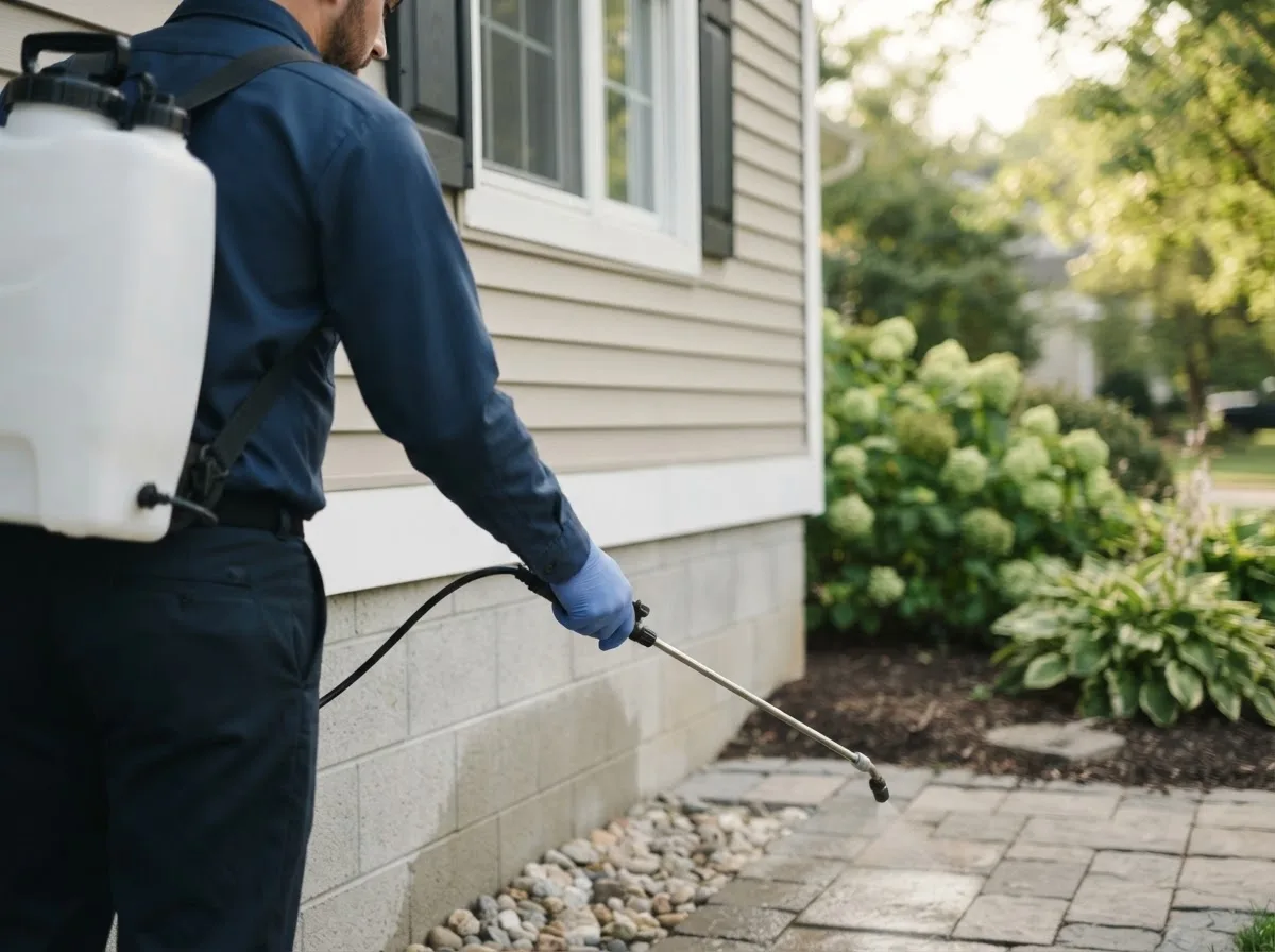 Pest control technician inspecting a home in Fredonia, NY